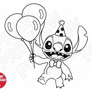 Stitch SVG birthday balloons dxf png clipart , cut file outline silhouette