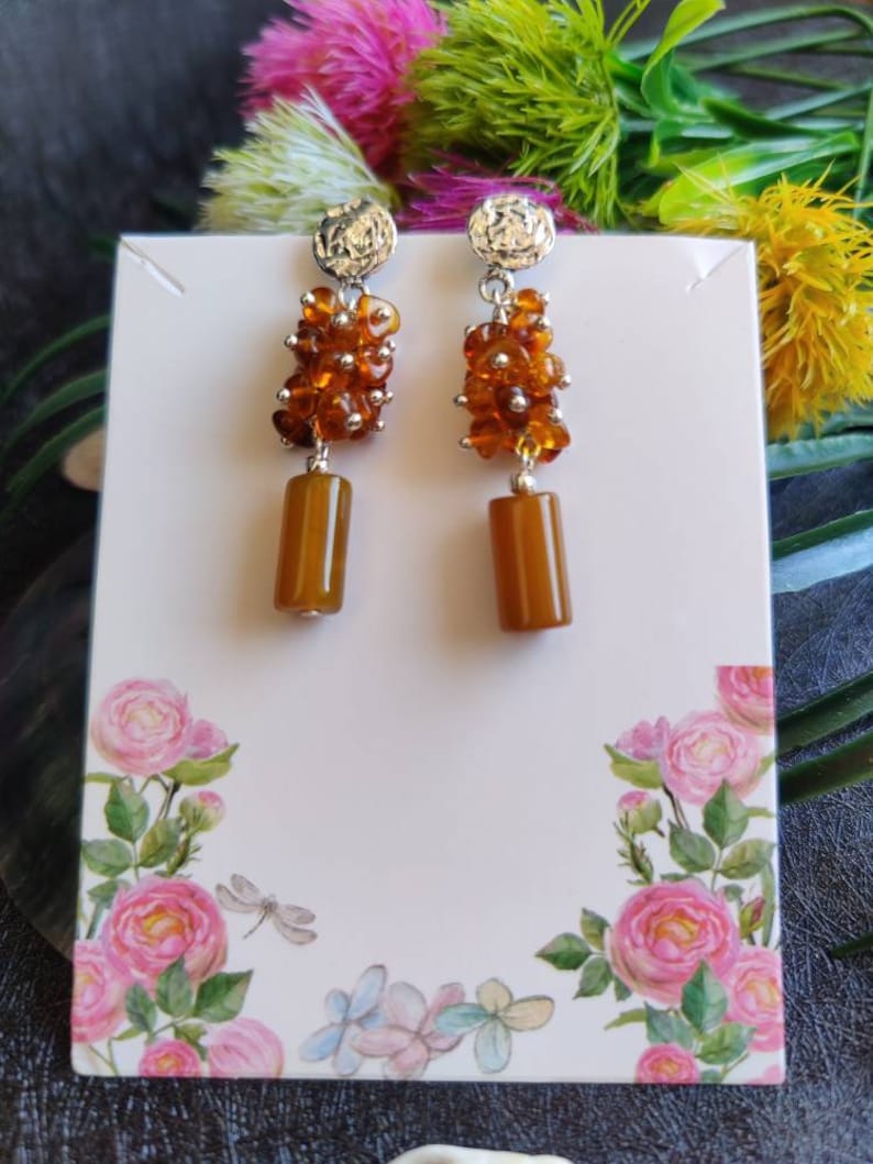 Sterling silver earrings with amber and agate