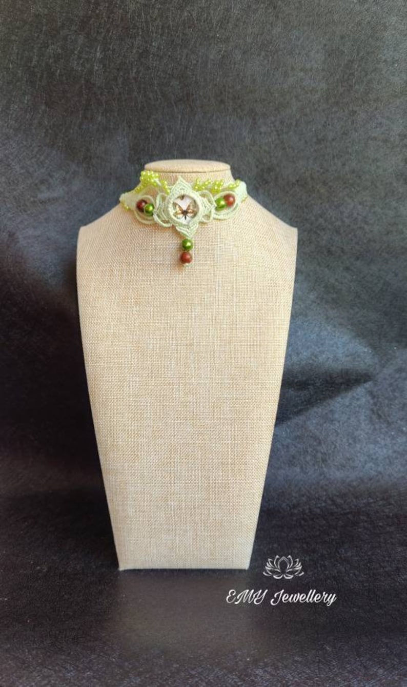 women jewelry green color necklace. macrame choker Macrame choker Forest Butterfly butterfly cabochon