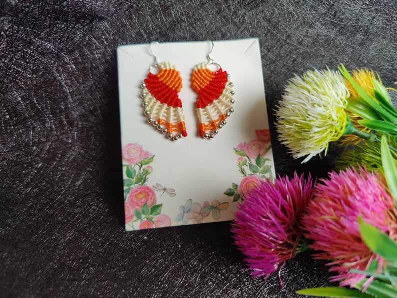 Macrame boho style Earrings Wings with metal beads