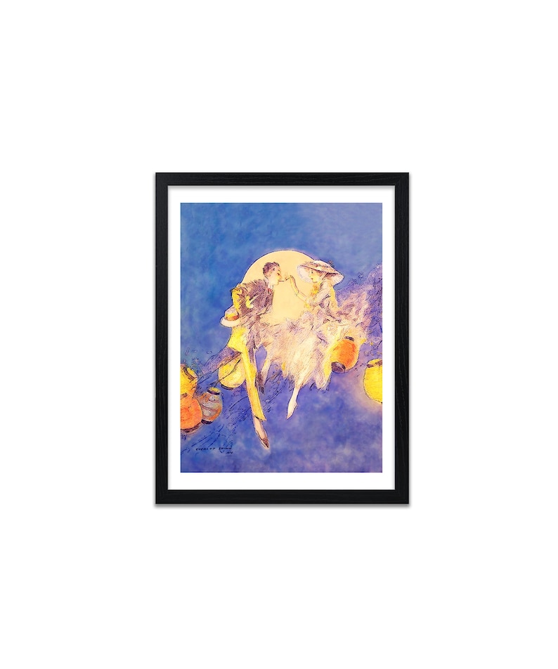 May include: A watercolor painting of two women in white dresses and hats, standing on a cloud with a full moon in the background. The women are surrounded by yellow and orange orbs.