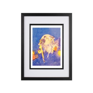 May include: A framed watercolor painting of two figures in a blue and purple landscape. The figures are a man and a woman, and they are both wearing white clothing. The woman is holding a bouquet of flowers. The painting is signed in the bottom right corner.