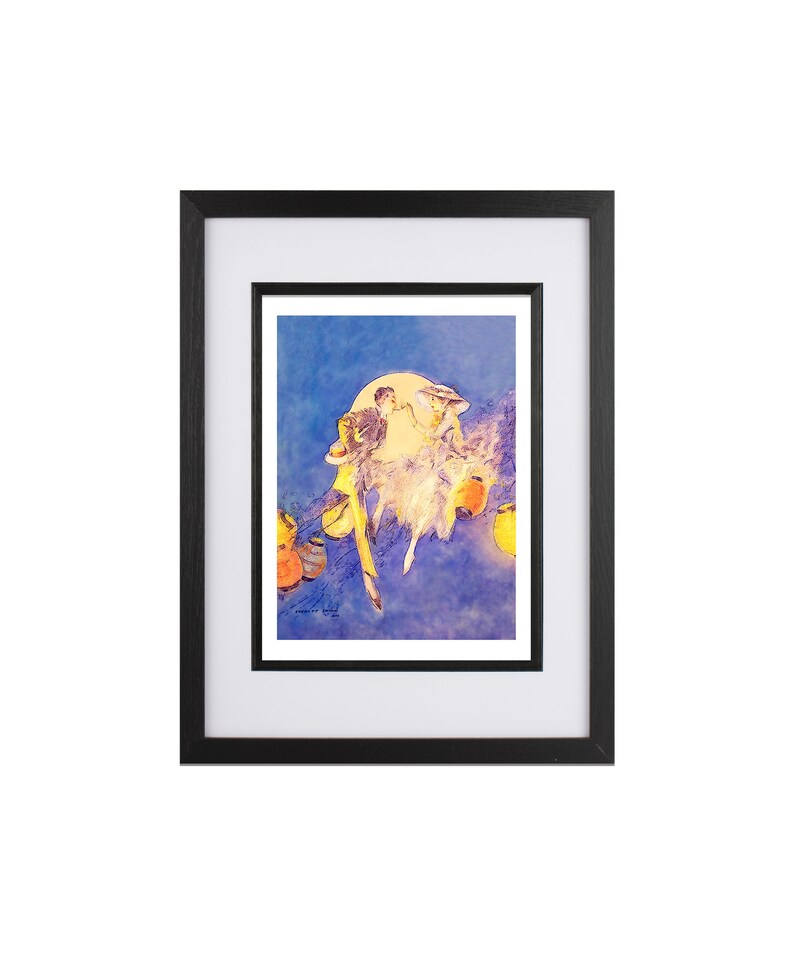 May include: A framed watercolor painting of two figures in a blue and purple landscape. The figures are a man and a woman, and they are both wearing white clothing. The woman is holding a bouquet of flowers. The painting is signed in the bottom right corner.