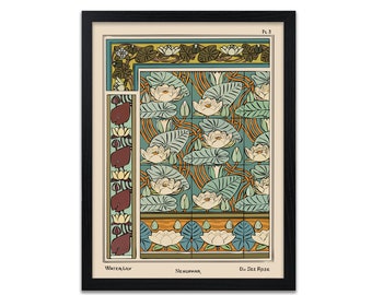 May include: A vintage illustration of a water lily design. The image features a repeating pattern of water lilies, leaves, and stems in shades of green, blue, yellow, and white. The text "WATER LILY", "NEUMPHAR", and "D. SEE ROSE" is printed below the image.