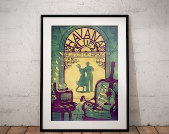 May include: A vintage poster advertising a Havana Blues concert featuring the band "Alunos de Apolo" on November 28th at 10pm. The poster features a silhouette of a couple dancing in front of a doorway with a guitar and trumpet in the foreground.