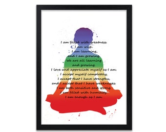 Stampa artistica con affermazione sui chakra / Decorazione per la consapevolezza