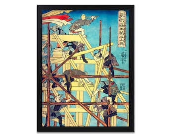Könnte beinhalten: Ein japanischer Holzschnitt aus der Zeit, der eine Gruppe von Menschen zeigt, die an einer großen Holzkonstruktion arbeiten. Der Druck ist in Schwarz gerahmt und zeigt einen blauen Himmel als Hintergrund mit gelben und braunen Akzenten.