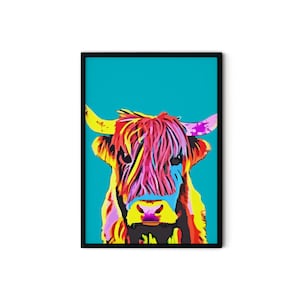 Andy Warhol Inspired Colorful Highland Cow Giclee Art Print - A Burst of Pop Art