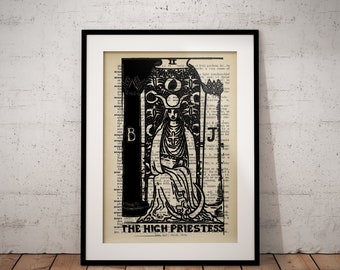 May include: Black and white illustration of The High Priestess tarot card. The card features a woman in a robe sitting on a throne with a crown on her head. The card is surrounded by text and symbols.