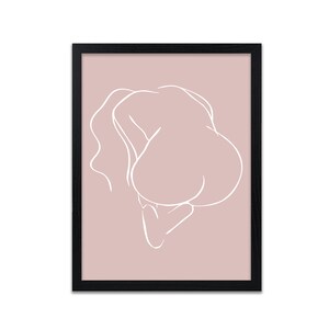 May include: A line drawing of a person in a white outline on a blush pink background. The drawing is framed in a black frame.