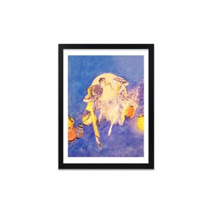 May include: A watercolor painting of two women in white dresses and hats, standing on a cloud with a full moon in the background. The women are surrounded by yellow and orange orbs.
