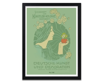 May include: A framed art print featuring a vintage advertisement in shades of green and cream. The artwork depicts a woman's profile holding a red fruit, with text in German. The frame is black.