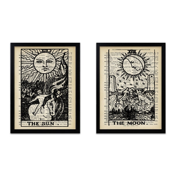 Impressions d'art du dictionnaire du tarot | Carte de tarot imprimée | La Lune | Le soleil | Art mural carte de tarot | Lot de 2