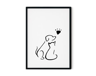 Impresión artística personalizada de mascotas / Retrato minimalista de gato y perro