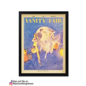 May include: A vintage Vanity Fair magazine cover featuring a watercolour illustration of a couple in a romantic embrace, set against a blue background with yellow accents. The magazine title is printed in gold lettering.