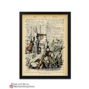 Könnte beinhalten: Eine Vintage-Wörterbuchseite mit einer skurrilen Illustration von Musikinstrumenten und Figuren. Die Seite zeigt die Wörter "Sire" und "Sizeable" aus der Wörterbuchdefinition.