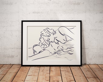 Puede incluir: Un dibujo en blanco y negro de dos personas besándose. El dibujo está enmarcado en un marco negro.