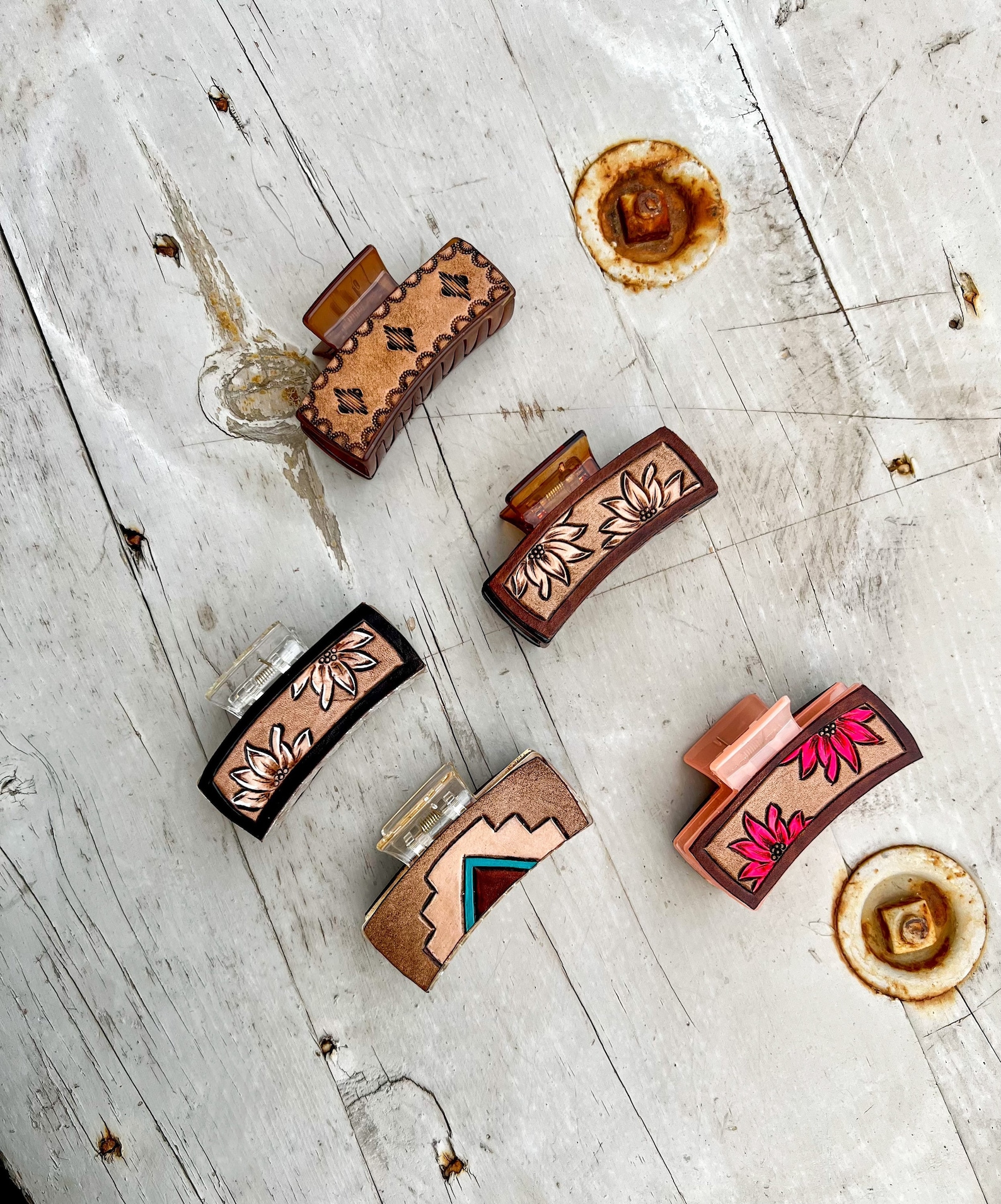 Tooled Leather Claw Hair Clips Etsy