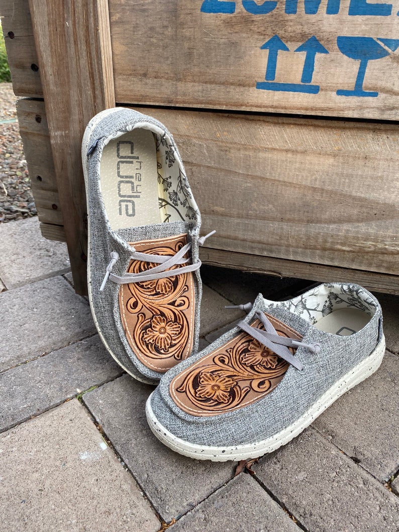 Tooled Leather Hey Dude Shoes Etsy