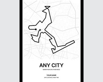 Puede incluir: Impresión enmarcada en negro con un diseño de mapa minimalista de una ruta de carrera. La ruta es una línea negra sobre un fondo de mapa gris. El texto en la parte inferior dice "ANY CITY" y "MARATHON OR OTHER RACE".