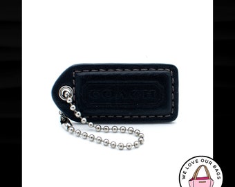 2" Medium COACH BLACK Leather Nickel Key Fob Bag Charm Keychain Hang Tag