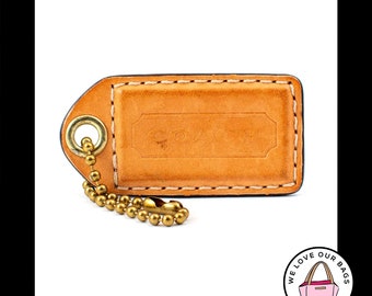 Grande étiquette COACH en cuir marron selle de 2,5 po. en laiton, porte-clés avec breloque pour sac, porte-clés