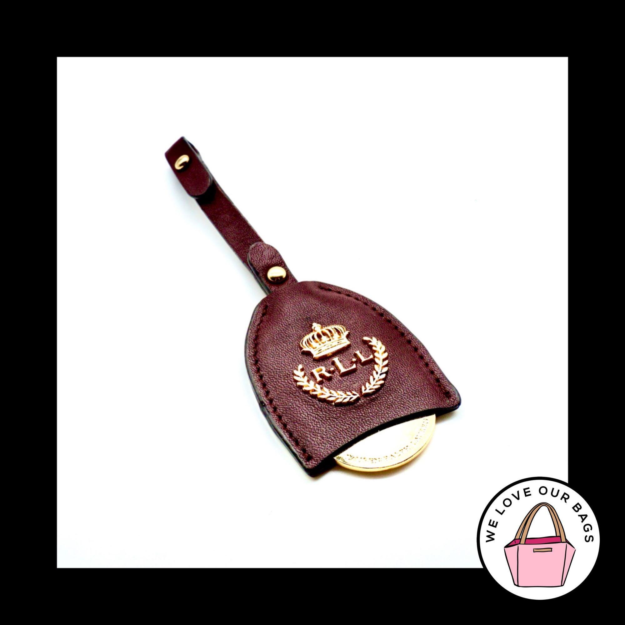 RALPH LAUREN Brass Metal Burgundy Leather Strap Fob Bag Charm Keychain Hang Tag