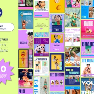 60 Canva Instagram Template  |  Neon Y2k Design, bright popular template