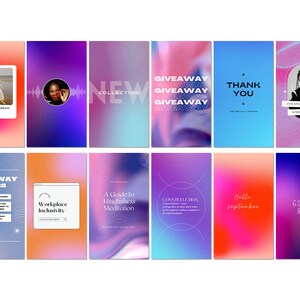 K&ouml;nnte beinhalten: Eine Sammlung von 12 Instagram-Story-Vorlagen mit bunten Verlaufshintergr&uuml;nden und Text&uuml;berlagerungen. Der Text umfasst "Gewinnspielregeln", "Arbeitsplatzinklusion", "Ein Leitfaden f&uuml;r Achtsamkeitsmeditation", "Konstellation", "Hallo September", "Bald verf&uuml;gbar", "Deinen Traum verfolgen", "Neue Kollektion", "Gewinnspiel", "Danke", und "Unser besonderer Gaststar".