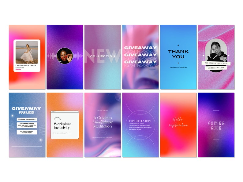 K&ouml;nnte beinhalten: Eine Sammlung von 12 Instagram-Story-Vorlagen mit bunten Verlaufshintergr&uuml;nden und Text&uuml;berlagerungen. Der Text umfasst "Gewinnspielregeln", "Arbeitsplatzinklusion", "Ein Leitfaden f&uuml;r Achtsamkeitsmeditation", "Konstellation", "Hallo September", "Bald verf&uuml;gbar", "Deinen Traum verfolgen", "Neue Kollektion", "Gewinnspiel", "Danke", und "Unser besonderer Gaststar".