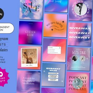 May include: A collection of 50 Instagram post templates featuring grainy gradient backgrounds in various colors. The templates include text overlays such as "Sale", "Coming Soon", "Giveaway", "Podcast", and "Never Stop".