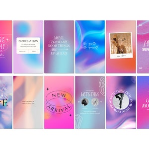 K&ouml;nnte beinhalten: Eine Collage aus 10 bunten Instagram-Story-Vorlagen mit Text&uuml;berlagerungen. Der Text enth&auml;lt S&auml;tze wie "Make Today Epic", "New Arrival", "Good Morning" und "Let's Talk".