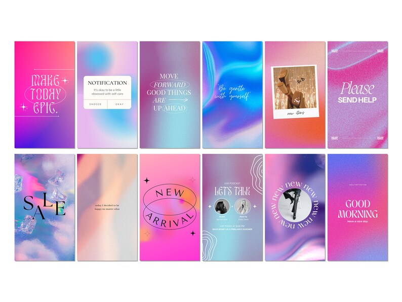 K&ouml;nnte beinhalten: Eine Collage aus 10 bunten Instagram-Story-Vorlagen mit Text&uuml;berlagerungen. Der Text enth&auml;lt S&auml;tze wie "Make Today Epic", "New Arrival", "Good Morning" und "Let's Talk".