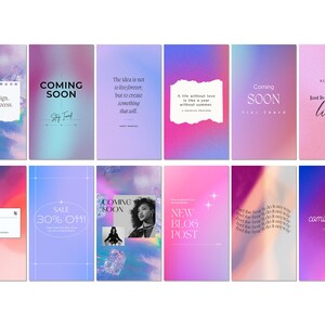 K&ouml;nnte beinhalten: Eine Collage aus neun bunten Bildern mit Text&uuml;berlagerungen. Die Bilder zeigen verschiedene abstrakte Designs und Texturen, wobei die Farben Pink, Lila und Blau im Vordergrund stehen. Der Text enth&auml;lt S&auml;tze wie "Bald verf&uuml;gbar", "Sale 30% Rabatt" und "Neuer Blogbeitrag".