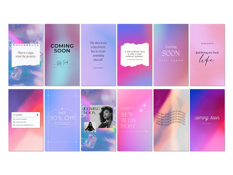 K&ouml;nnte beinhalten: Eine Collage aus neun bunten Bildern mit Text&uuml;berlagerungen. Die Bilder zeigen verschiedene abstrakte Designs und Texturen, wobei die Farben Pink, Lila und Blau im Vordergrund stehen. Der Text enth&auml;lt S&auml;tze wie "Bald verf&uuml;gbar", "Sale 30% Rabatt" und "Neuer Blogbeitrag".