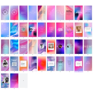 K&ouml;nnte beinhalten: Eine Sammlung von 48 farbenfrohen Instagram-Story-Vorlagen mit verschiedenen Text&uuml;berlagerungen. Die Vorlagen zeigen abstrakte Verl&auml;ufe, Wirbel und geometrische Formen in Pink-, Lila-, Blau- und Oranget&ouml;nen. Einige der Text&uuml;berlagerungen beinhalten "Neue Artikel", "Gute Zeiten", "Gewinnspiel", "Bald verf&uuml;gbar" und "Podcast".