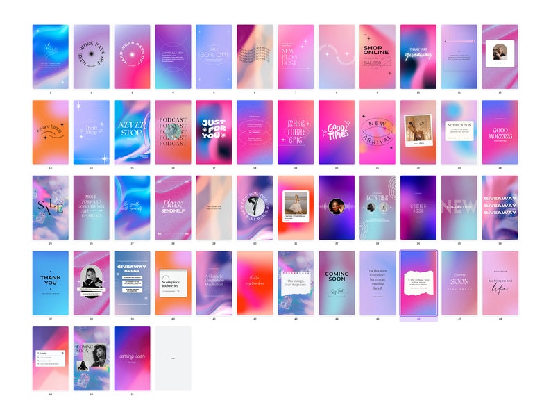 K&ouml;nnte beinhalten: Eine Sammlung von 48 farbenfrohen Instagram-Story-Vorlagen mit verschiedenen Text&uuml;berlagerungen. Die Vorlagen zeigen abstrakte Verl&auml;ufe, Wirbel und geometrische Formen in Pink-, Lila-, Blau- und Oranget&ouml;nen. Einige der Text&uuml;berlagerungen beinhalten "Neue Artikel", "Gute Zeiten", "Gewinnspiel", "Bald verf&uuml;gbar" und "Podcast".