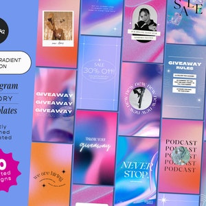 K&ouml;nnte beinhalten: Eine Sammlung von 50 Instagram-Story-Vorlagen mit einem k&ouml;rnigen Farbverlaufsdesign. Die Vorlagen enthalten verschiedene Text&uuml;berlagerungen, darunter "Giveaway", "Sale 30% Off", "Neu", "Danke f&uuml;r das Giveaway", "Never Stop", "Podcast" und "Lass uns reden".
