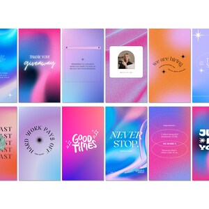 K&ouml;nnte beinhalten: Eine Sammlung von 12 farbenfrohen Instagram-Story-Vorlagen mit verschiedenen Text&uuml;berlagerungen. Die Vorlagen zeigen Farbverl&auml;ufe, Sterne und abstrakte Formen. Einige der Text&uuml;berlagerungen beinhalten "Vielen Dank f&uuml;r die Verlosung", "Harte Arbeit zahlt sich aus", "Gute Zeiten", "Niemals aufgeben", "Nur f&uuml;r dich" und "Secondhandladen".