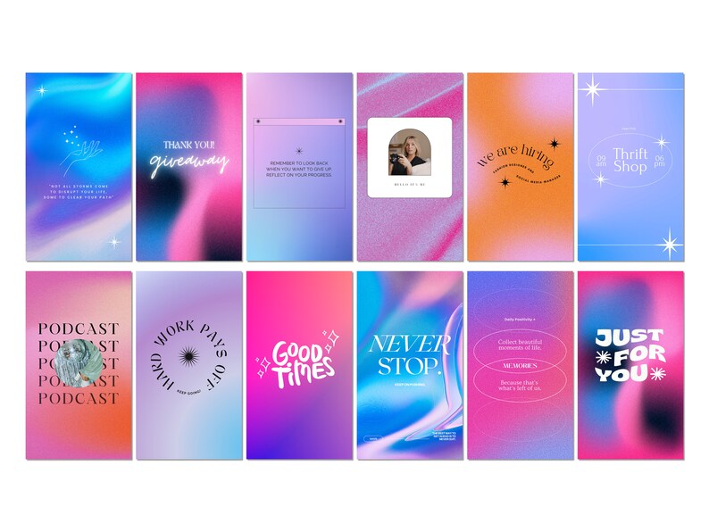 K&ouml;nnte beinhalten: Eine Sammlung von 12 farbenfrohen Instagram-Story-Vorlagen mit verschiedenen Text&uuml;berlagerungen. Die Vorlagen zeigen Farbverl&auml;ufe, Sterne und abstrakte Formen. Einige der Text&uuml;berlagerungen beinhalten "Vielen Dank f&uuml;r die Verlosung", "Harte Arbeit zahlt sich aus", "Gute Zeiten", "Niemals aufgeben", "Nur f&uuml;r dich" und "Secondhandladen".