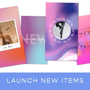 K&ouml;nnte beinhalten: Vier farbige quadratische Bilder mit Text und Grafiken, die f&uuml;r neue Artikel werben. Das erste Bild ist rosa und orange mit einem Foto eines Paares goldener Schuhe und dem Text "new items". Das zweite Bild ist blau und lila mit dem Text "NEW COLLECTION". Das dritte Bild ist lila und blau mit dem Text "new new new new new new new new" in einem Kreis. Das vierte Bild ist rosa mit dem Text "NEW ARRIVAL" in einem Kreis.