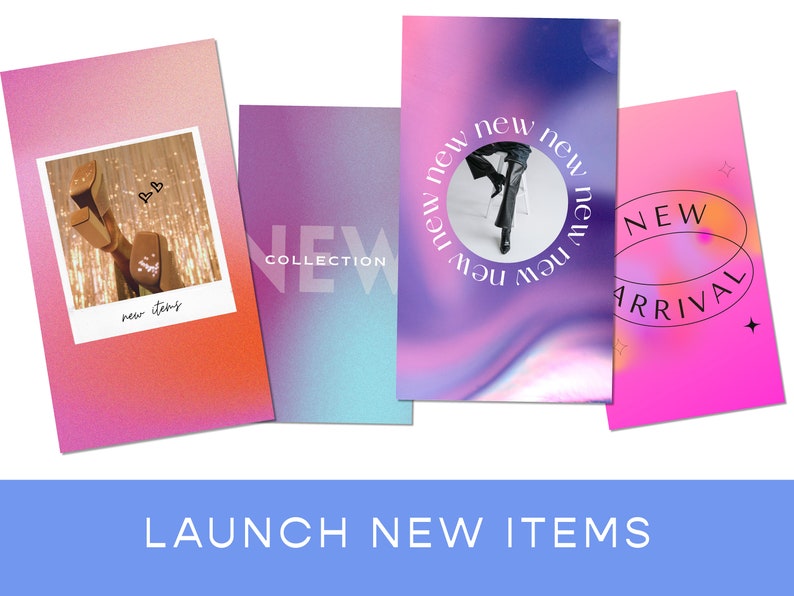 K&ouml;nnte beinhalten: Vier farbige quadratische Bilder mit Text und Grafiken, die f&uuml;r neue Artikel werben. Das erste Bild ist rosa und orange mit einem Foto eines Paares goldener Schuhe und dem Text "new items". Das zweite Bild ist blau und lila mit dem Text "NEW COLLECTION". Das dritte Bild ist lila und blau mit dem Text "new new new new new new new new" in einem Kreis. Das vierte Bild ist rosa mit dem Text "NEW ARRIVAL" in einem Kreis.