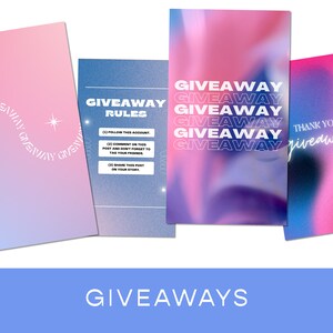 K&ouml;nnte beinhalten: Vier Instagram-Story-Vorlagen mit einem rosa-blauen Farbverlaufshintergrund. Der Text auf den Vorlagen lautet "Giveaway Rules", "Giveaway", "Giveaway" und "Vielen Dank! Giveaway".