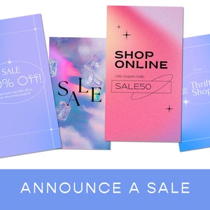 K&ouml;nnte beinhalten: Drei bunte digitale Verkaufsank&uuml;ndigungs-Karten mit einem pastellblauen, rosa und violetten Farbverlaufshintergrund. Die erste Karte sagt "SALE 30% Off! Great Sale! Get 50% off on our new seal product". Die zweite Karte sagt "SALE" in einer holografischen Schriftart. Die dritte Karte sagt "SHOP ONLINE Use coupon code: SALE50".
