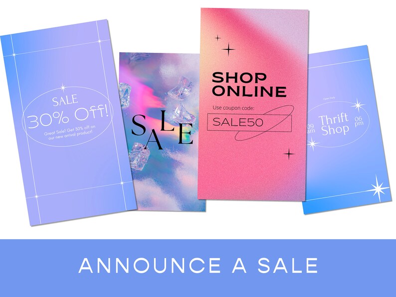 K&ouml;nnte beinhalten: Drei bunte digitale Verkaufsank&uuml;ndigungs-Karten mit einem pastellblauen, rosa und violetten Farbverlaufshintergrund. Die erste Karte sagt "SALE 30% Off! Great Sale! Get 50% off on our new seal product". Die zweite Karte sagt "SALE" in einer holografischen Schriftart. Die dritte Karte sagt "SHOP ONLINE Use coupon code: SALE50".