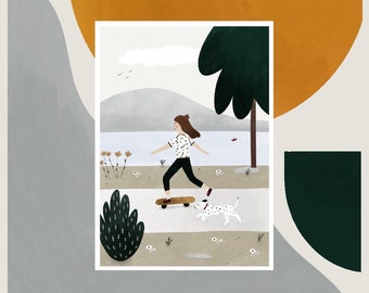 A4 print, art print “Skatergirl” | Skating | outdoor | lake | nature | doglover | lightness | Wall art | Image | Print | castle cloud