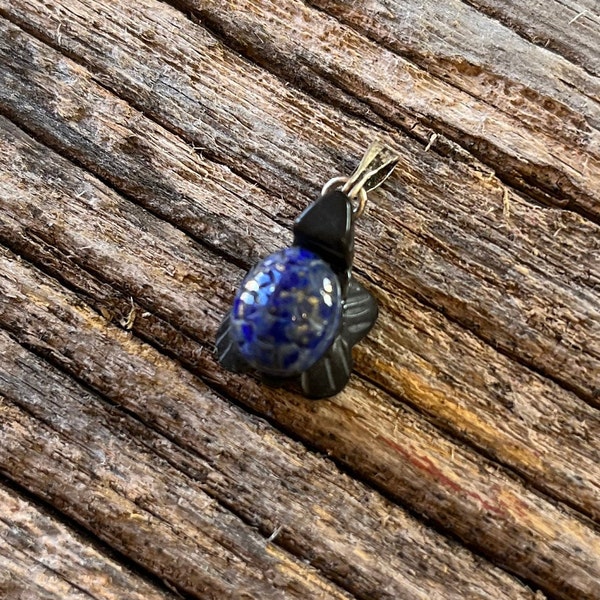 Carved Lapis Lazuli turtle shell on black onyx pendant 7/8" long with bail, free 18" chain