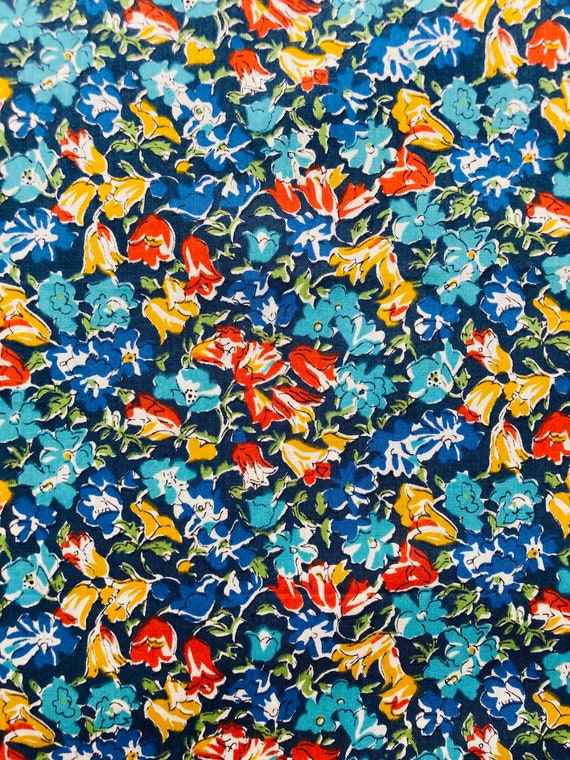A very old, unusual Blue, Red, Yellow, Unnamed, Liberty Tana Lawn Vintage 13”x 9” fabric. Free international postage