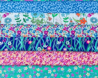 Razzle Dazzle is a super bright and vibrant pack of Liberty Tana Lawn fabrics. 8 different pieces cut to a generous 6”x 9”