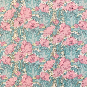 May include: A vintage floral pattern featuring pink poppies and green foliage on a light blue background. The design is intricate and detailed, with a repeating pattern of flowers and leaves.